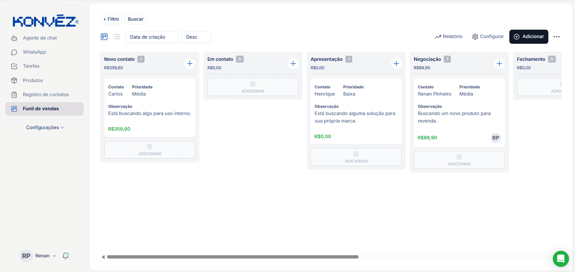 Plataforma Konvéz CRM — Painel de Vendas Kanban
